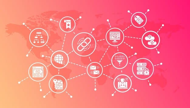 A detailed infographic depicting a blockchain-powered supply chain, showing interconnected nodes for sourcing, manufacturing, logistics, and retail, with data flowing securely between them.