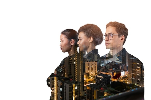 A diverse group of supply chain professionals collaborating around a futuristic transparent screen displaying blockchain data, symbolizing collaboration and data sharing in a modernized logistics hub.