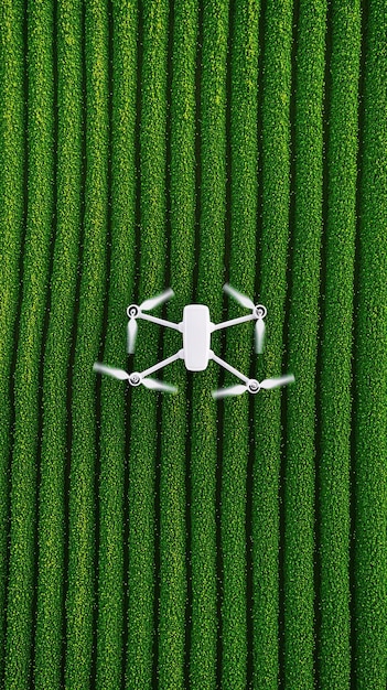 An aerial drone shot of a vineyard or an agricultural field, showing precision farming equipment like sensors or drones monitoring crop health, representing smart agricultural technologies.