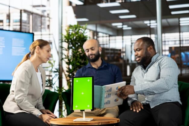 A diverse group of marketing professionals collaborating around a digital display, illustrating successful AI integration and teamwork.