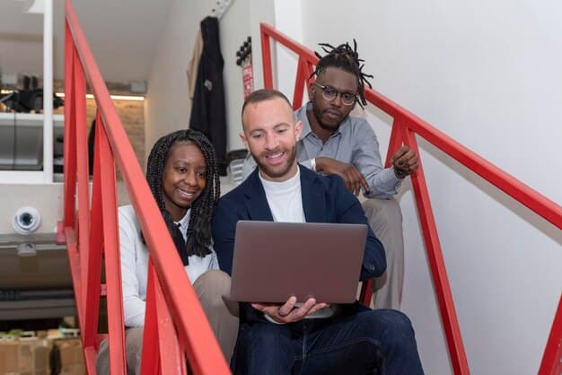 A diverse group of employees looking engaged and happy, interacting with various digital devices (laptops, tablets) displaying user-friendly HR software interfaces. The overall mood is positive and collaborative.