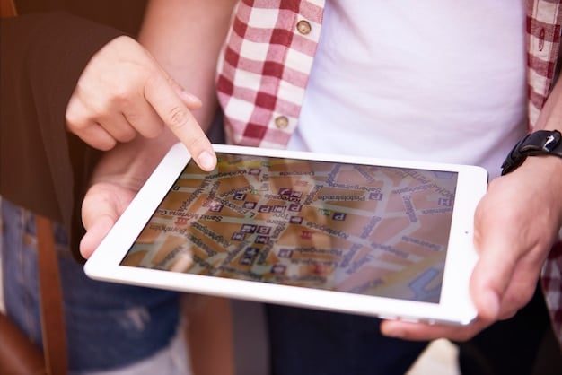 A close-up of a digital tablet displaying an interactive map of real estate listings with overlaid data points on pricing, demographics, and investment opportunities, highlighting data-driven decision making.