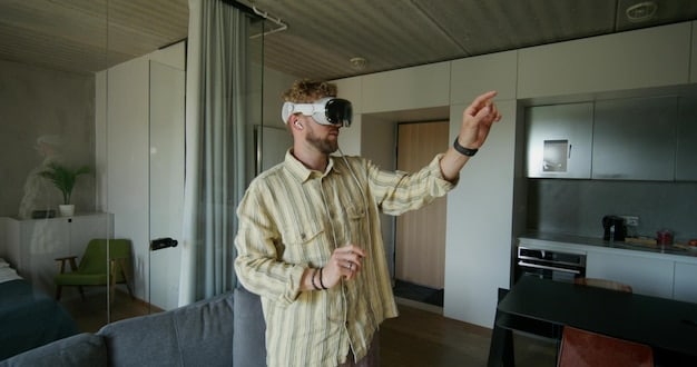 A person wearing a VR headset, immersed in a virtual tour of a brightly lit modern apartment, showcasing how technology enhances property viewing.