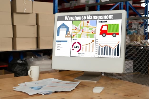 A digital dashboard displaying various logistics metrics, including real-time truck locations on a map, inventory levels, and predicted delivery times, representing supply chain visibility.