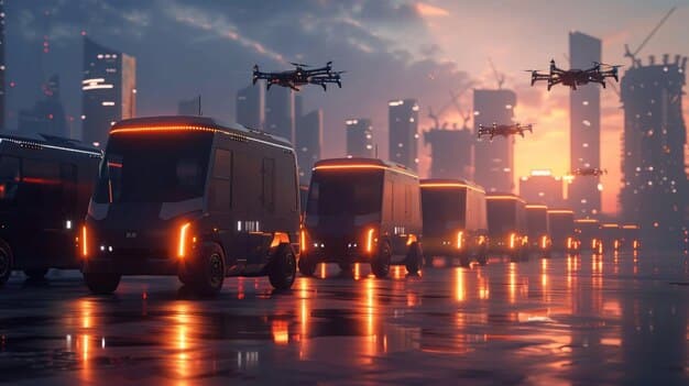 A futuristic cityscape with autonomous delivery drones and self-driving trucks moving goods, symbolizing the future of logistics tech.