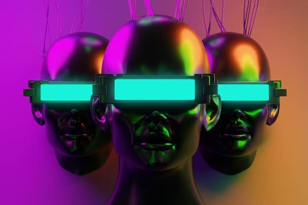 A diverse group of stylized avatars interacting within a vibrant, futuristic virtual marketplace, with digital storefronts and currency symbols floating above.