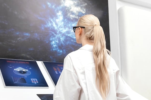 A futuristic laboratory setting with scientists analyzing data on holographic screens, symbolizing advanced biotech research and computational power.