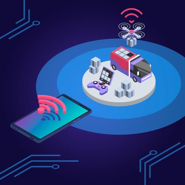 A stylized depiction of various IoT devices (e.g., smart home hub, industrial sensor, wearable smart watch) connected by a web of dotted lines, with gears and circuit board elements in the background, illustrating the complex challenge of interoperability in IoT.