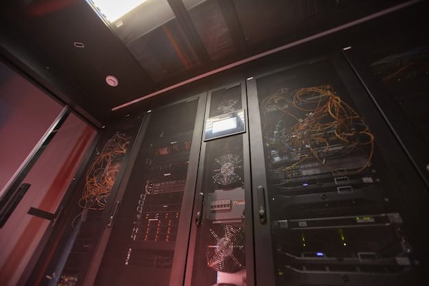 A detailed server rack with glowing lights and complex wiring, surrounded by small robot arms and data visualizations on screens, representing advanced industrial IoT infrastructure and data processing.