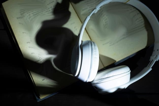 A close-up shot of the Aura headset's earcup, highlighting the texture of the materials and the subtle branding, perhaps with a blurred backdrop of musical notes or sound waves.
