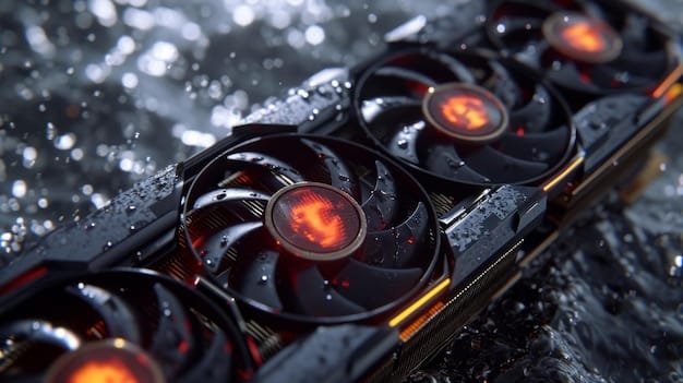 A close-up internal shot of a high-performance gaming laptop showing an advanced cooling system with multiple heat pipes, vapor chambers, and large, thin fan blades. Emphasize the intricate thermal design.
