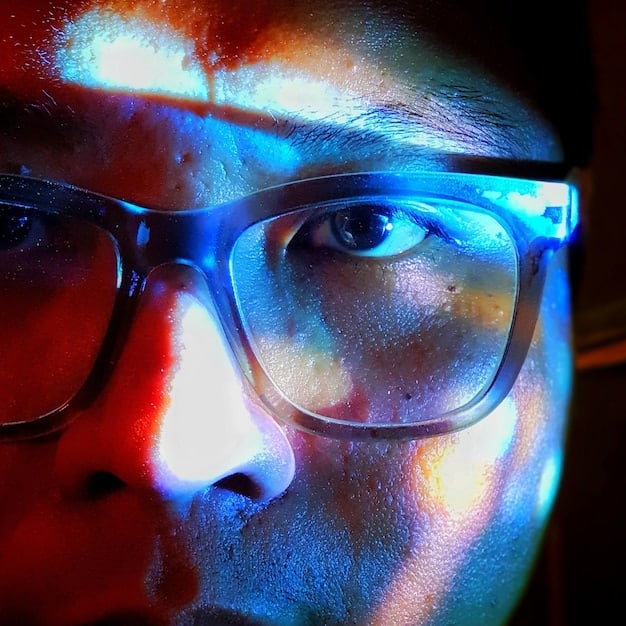 A close-up of the 'Clarity' AR glasses' lens, showing a crisp, vibrant digital overlay of a 3D architectural model integrated seamlessly with a real-world office desk. The details of the model are sharp and well-defined.