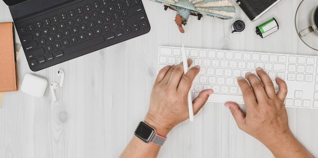 Overhead shot of a user's hands typing fluidly on an ErgoMax keyboard, demonstrating the natural wrist angles achieved by the split design. The background shows a modern desk setup.