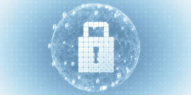 A digital padlock icon overlaid on a schematic network diagram, emphasizing the concept of network security and the challenges of achieving complete protection.