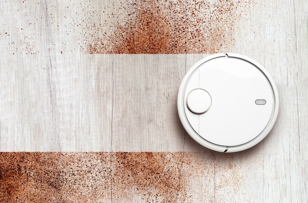 A close-up of the CleanSweep robot vacuum's top surface, showing its sleek design and the LiDAR sensor turret, with a faint glow indicating its operation.