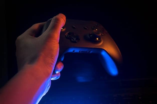 A gamer's hands holding the GameMaster Controller, demonstrating the customizable back paddles being pressed, in a dark gaming room with ambient light from the screen.