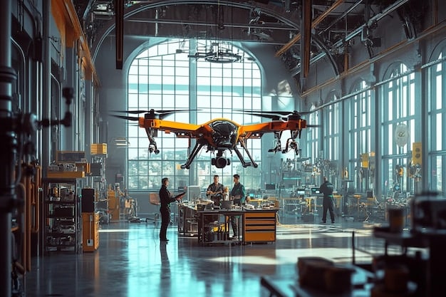 A drone hovering over a smart factory floor, showcasing automated production lines and real-time data visualization on large screens, all highlighting the efficient use of cutting-edge materials.