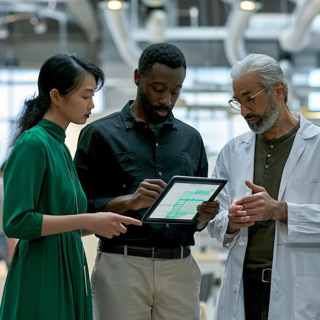 A diverse group of healthcare professionals and AI developers collaborating around a table, analyzing data on screens, emphasizing ethical AI development and bias mitigation in healthcare.