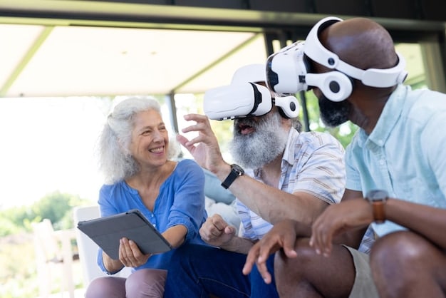 A diverse group of people from different socio-economic backgrounds interacting with a healthcare professional assisted by an AI interface, symbolizing equitable access to technology in healthcare.