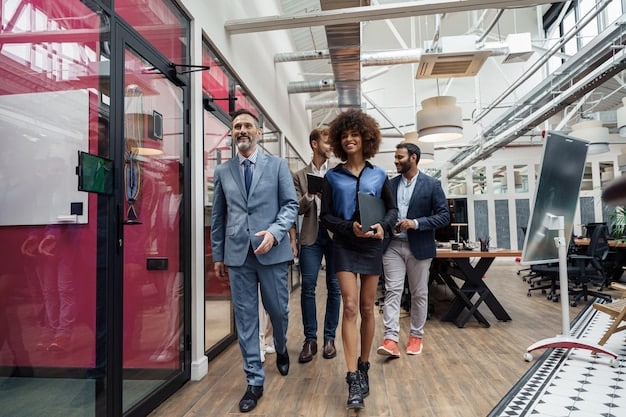 A diverse group of business professionals in a sleek, modern office space, collaborating around a holographic projection showing metaverse concepts and digital retail environments. They appear to be in deep discussion.