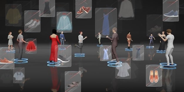A detailed 3D rendering of a metaverse fashion show, with various avatars showcasing futuristic outfits on a digital runway. The audience consists of other diverse avatars, some holding virtual devices to capture the event.