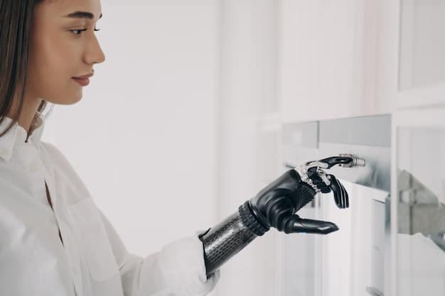 A sleek, modern collaborative robot gracefully handing a tool to a human worker in a clean laboratory setting, emphasizing safe interaction.