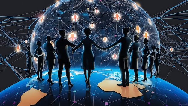 A conceptual image showing diverse global businesses and individuals seamlessly connecting and collaborating through a network of cloud servers, symbolizing the global reach and impact of cloud computing.
