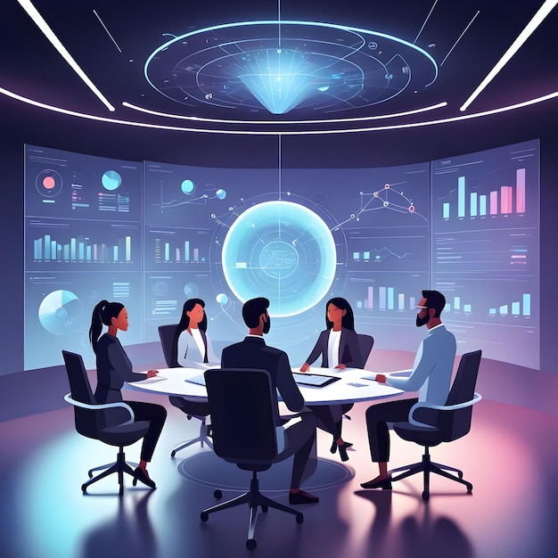A diverse group of business professionals sitting around a conference table with holographic projections, illustrating collaborative cloud-based work and strategy sessions.