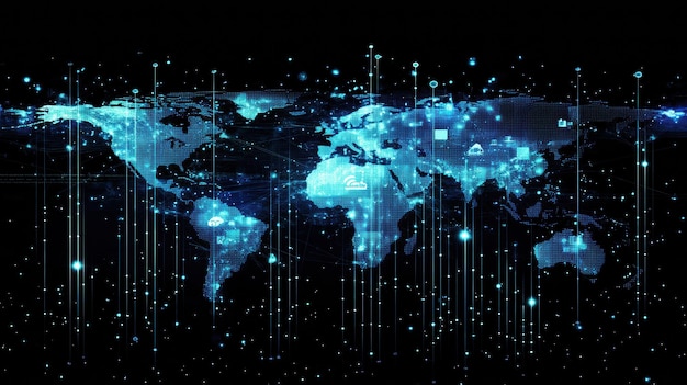 A detailed world map with glowing data points and interconnected lines, symbolizing global digital networks and the spread of cloud technology influence.
