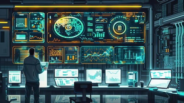 A stylized depiction of a cybersecurity operations center, with flashing screens showing data analytics and cryptographic symbols, emphasizing the critical response efforts in data security.