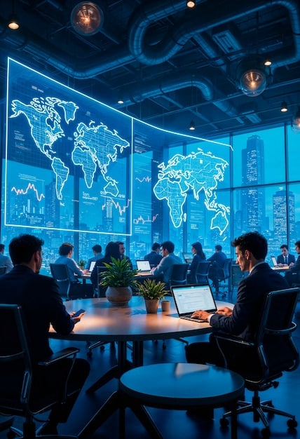 Executives in a boardroom discussing regulatory documents and global maps, illustrating strategic adaptation to new export controls and the assessment of international trade risks.