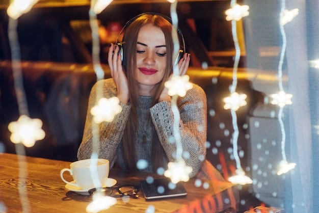 A person wearing the Aura headset in a busy coffee shop, appearing focused and undisturbed, with blurred background elements to emphasize noise cancellation.