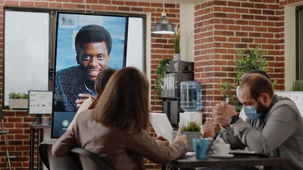 A diverse group of professional avatars collaborating in a sophisticated virtual meeting room in the metaverse. They are actively discussing a holographic projection of a data dashboard, with one avatar pointing to a specific metric. The environment is sleek, modern, and displays various interactive screens.