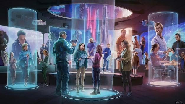 A diverse group of professional avatars collaborating around a holographic projection in a sleek, modern metaverse conference room, showcasing advanced virtual collaboration tools.